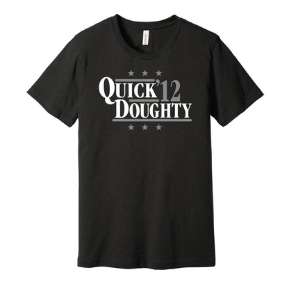 Los Angeles Kings retro political campaign parody black t-shirt featuring Jonathan Quick and Drew Doughty '12, designed in a vintage election style by Hyper Than Hype Shirts.