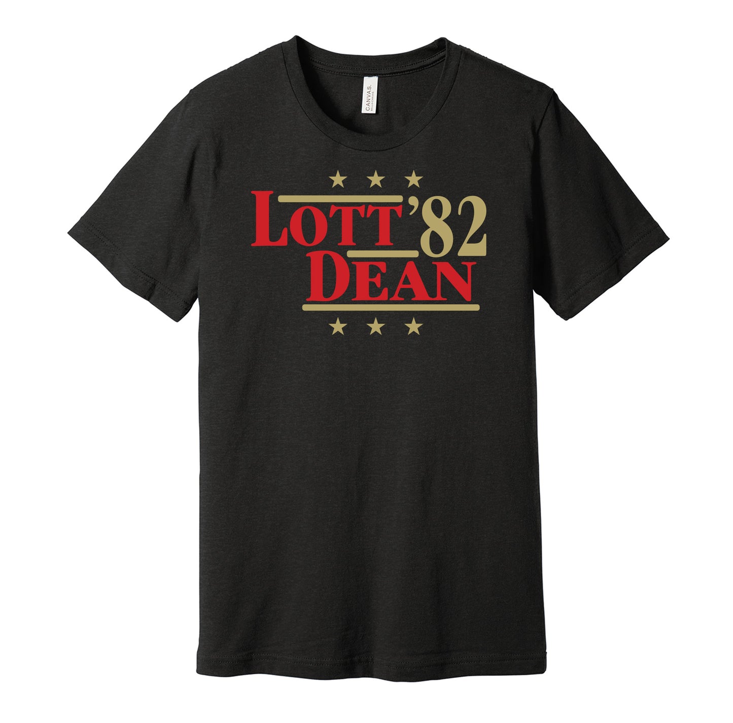 San Francisco 49ers retro political campaign parody black t-shirt featuring Ronnie Lott and Fred Dean '82, designed in a vintage election style by Hyper Than Hype Shirts.