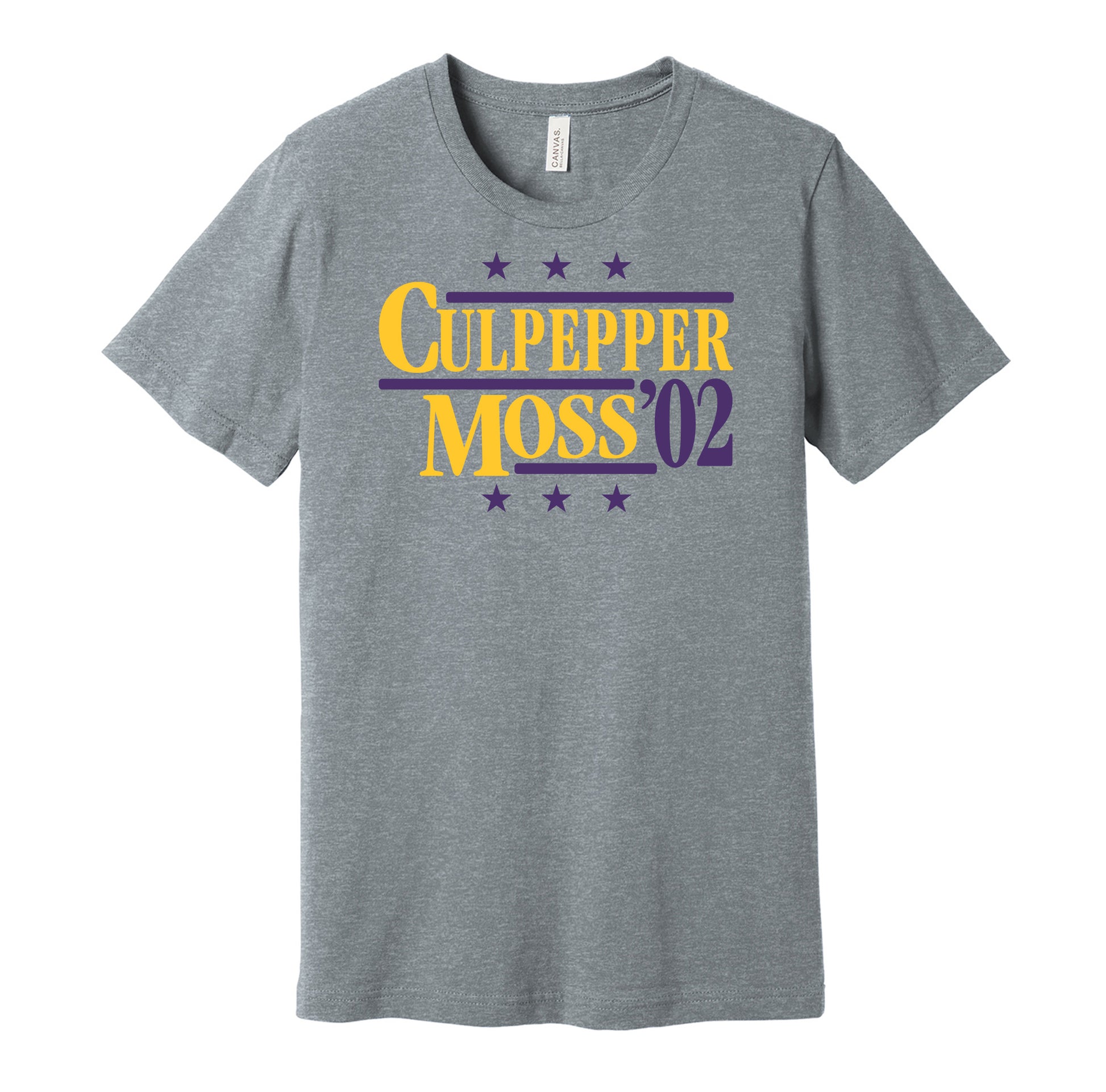 Minnesota Vikings retro political campaign parody grey t-shirt featuring Daunte Culpepper and Randy Moss '02, designed in a vintage election style by Hyper Than Hype Shirts.