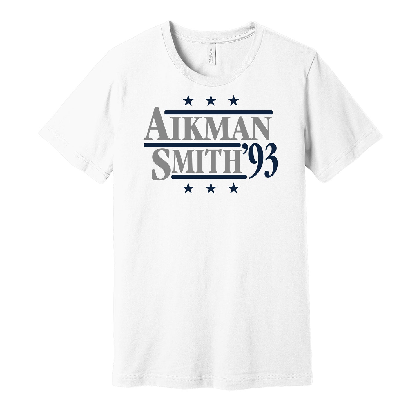 Dallas Cowboys retro political campaign parody white t-shirt featuring Troy Aikman and Emmitt Smith '93, designed in a vintage election style by Hyper Than Hype Shirts.