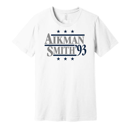 Dallas Cowboys retro political campaign parody white t-shirt featuring Troy Aikman and Emmitt Smith '93, designed in a vintage election style by Hyper Than Hype Shirts.