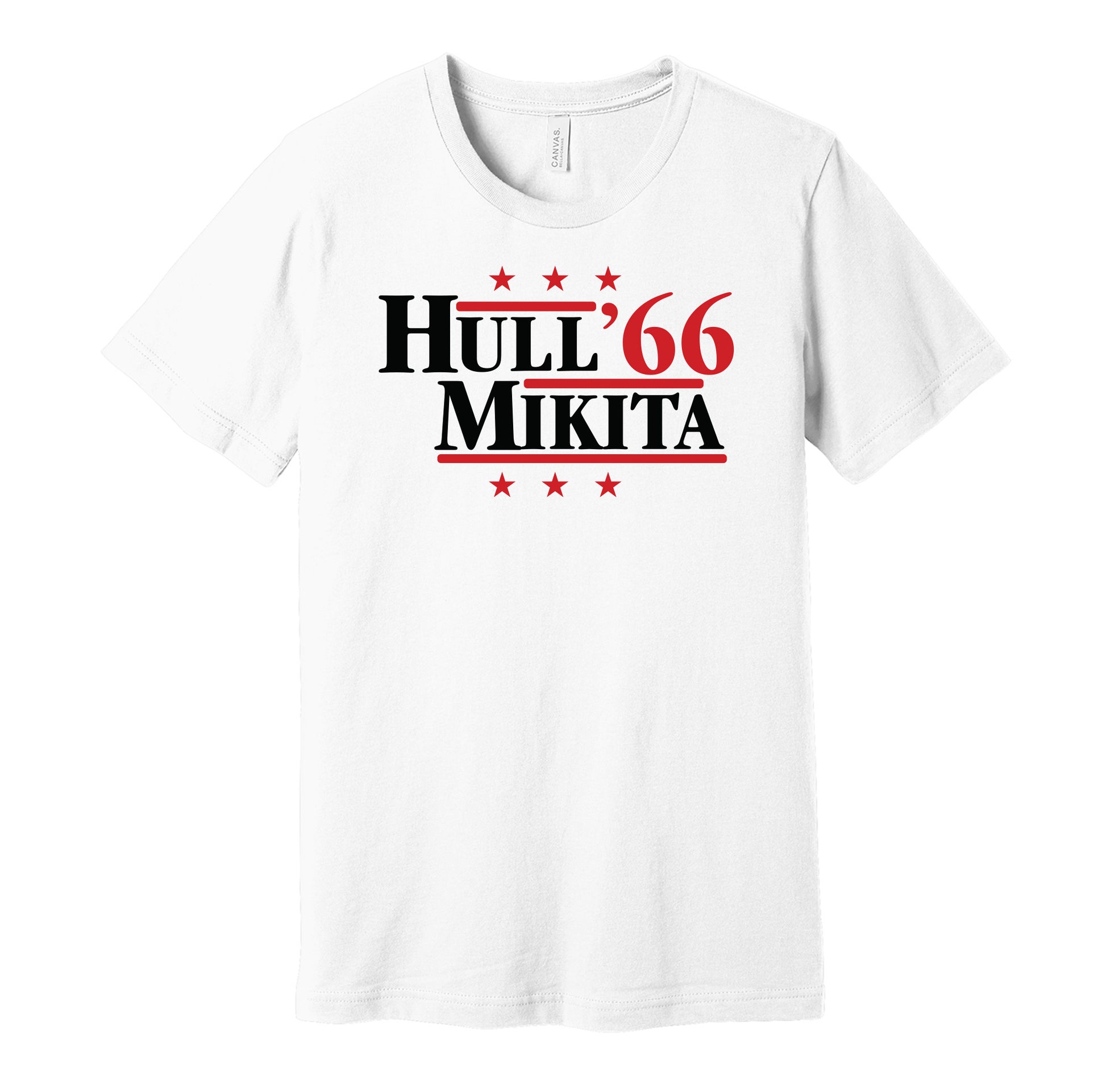 Chicago Blackhawks retro political campaign parody white t-shirt featuring Bobby Hull and Stan Mikita '66, designed in a vintage election style by Hyper Than Hype Shirts.