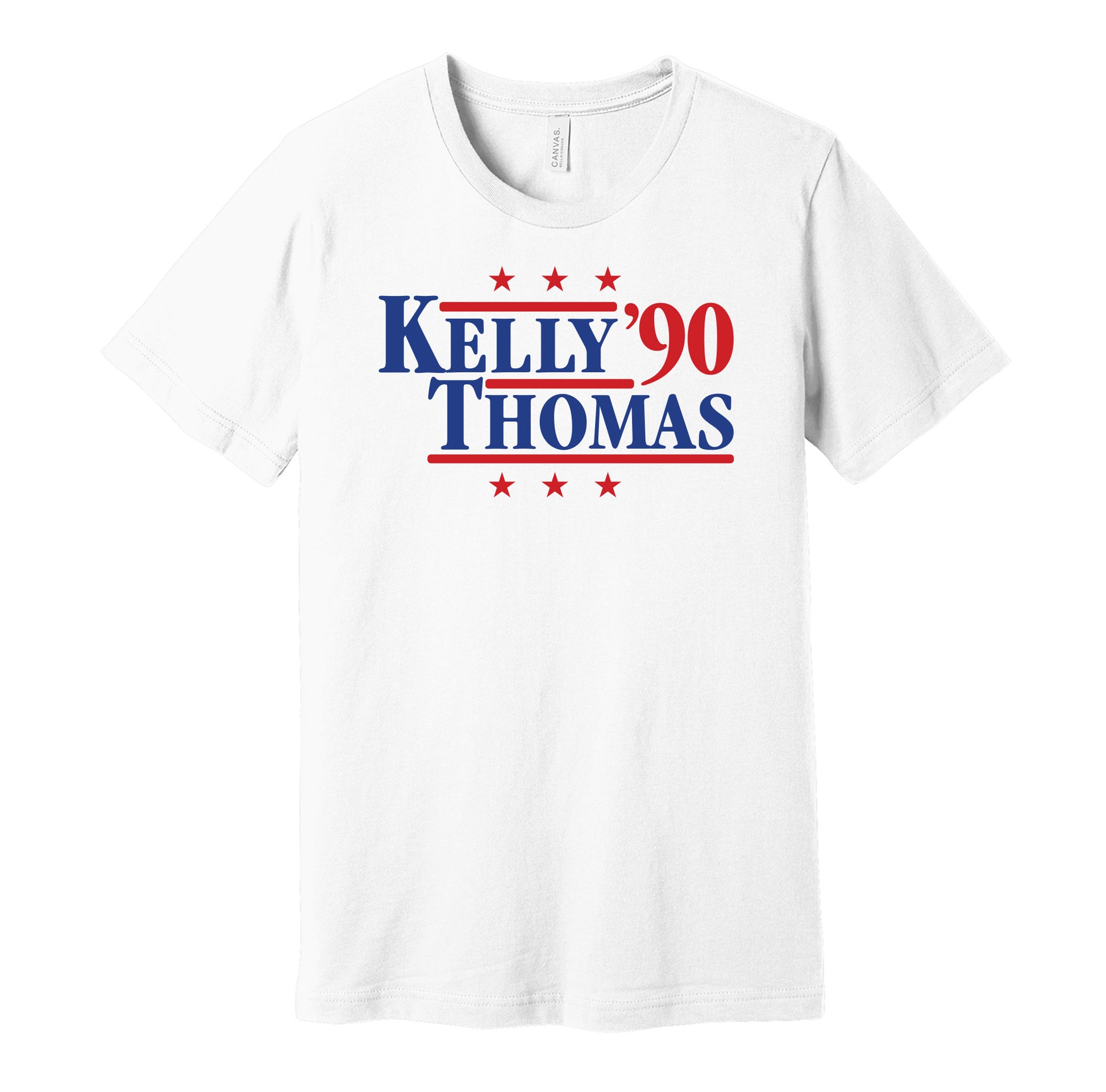 Buffalo Bills retro political campaign parody white t-shirt featuring Jim Kelly and Thurman Thomas '90, designed in a vintage election style by Hyper Than Hype Shirts.