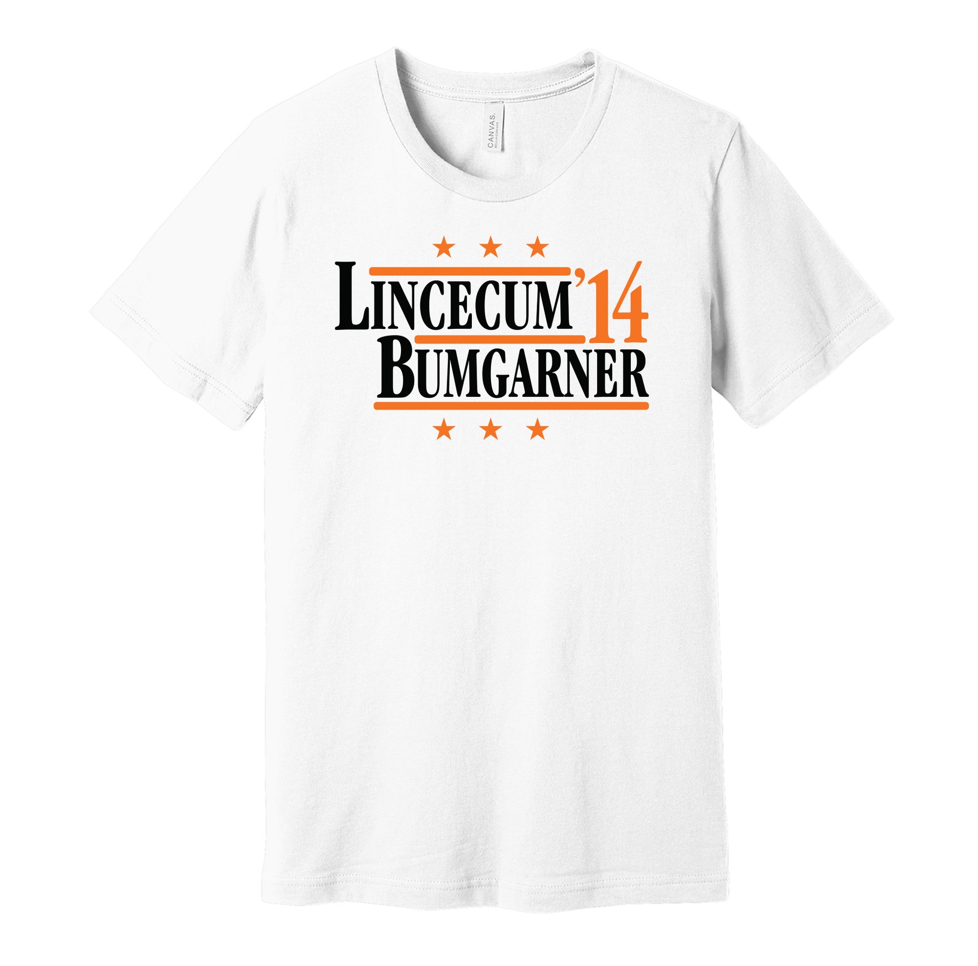 San Francisco Giants retro political campaign parody white t-shirt featuring Tim Lincecum and Madison Bumgarner '14, designed in a vintage election style by Hyper Than Hype Shirts.