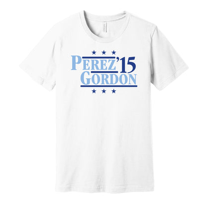 Kansas City Royals retro political campaign parody white t-shirt featuring Salvador Perez and Alex Gordon '15, designed in a vintage election style by Hyper Than Hype Shirts.