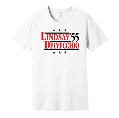 Detroit Red Wings retro political campaign parody white t-shirt featuring Ted Lindsay and Alex Delvecchio '55, designed in a vintage election style by Hyper Than Hype Shirts.