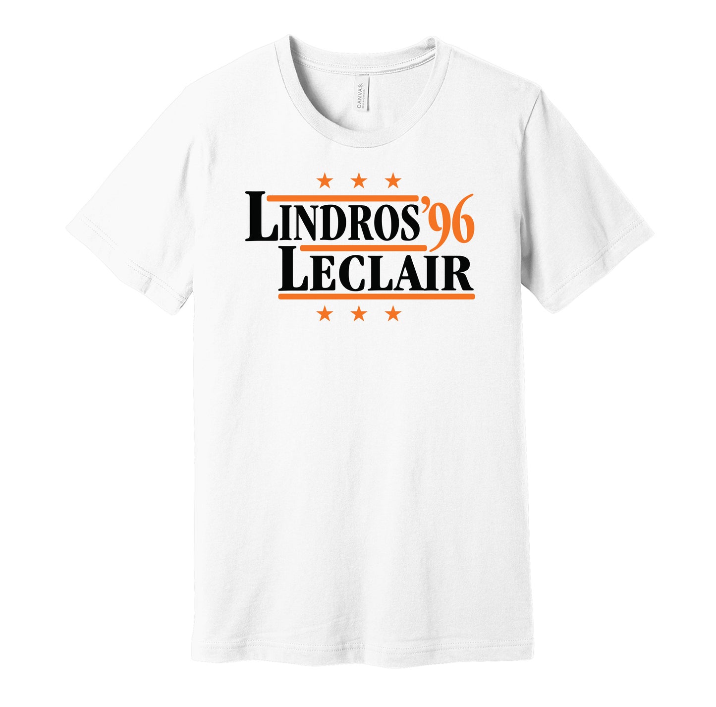 Philadelphia Flyers retro political campaign parody white t-shirt featuring Eric Lindros and John LeClair '96, designed in a vintage election style by Hyper Than Hype Shirts.