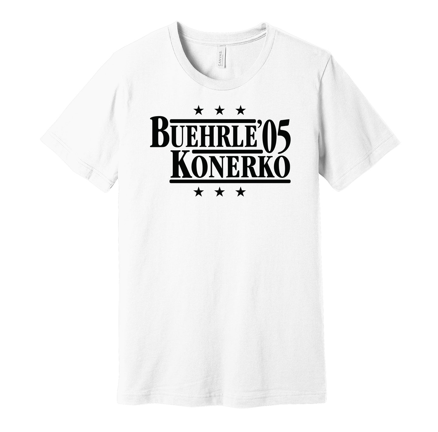 Chicago White Sox retro political campaign parody white t-shirt featuring Mark Buehrle and Paul Konerko '05, designed in a vintage election style by Hyper Than Hype Shirts.