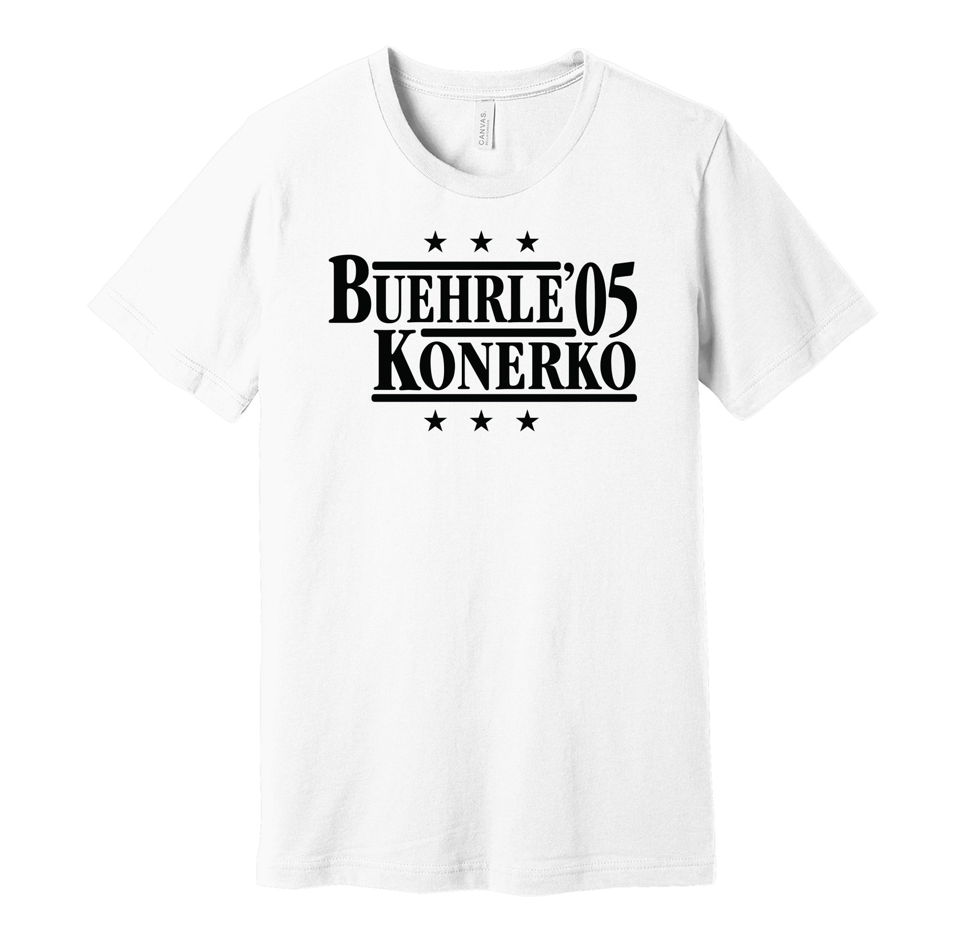 Chicago White Sox retro political campaign parody white t-shirt featuring Mark Buehrle and Paul Konerko '05, designed in a vintage election style by Hyper Than Hype Shirts.