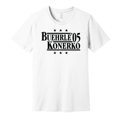 Chicago White Sox retro political campaign parody white t-shirt featuring Mark Buehrle and Paul Konerko '05, designed in a vintage election style by Hyper Than Hype Shirts.
