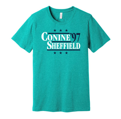 Florida Marlins retro political campaign teal t-shirt featuring Jeff Conine and Gary Sheffield '97, designed in a vintage election style by Hyper Than Hype Shirts.