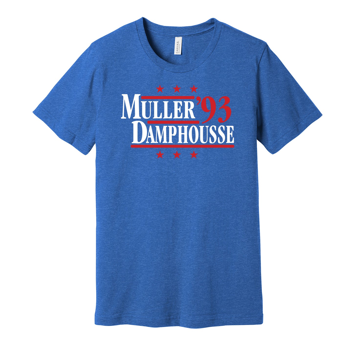 Montreal Canadiens retro political campaign parody blue t-shirt featuring Kirk Muller and Vincent Damphousse '93, designed in a vintage election style by Hyper Than Hype Shirts.