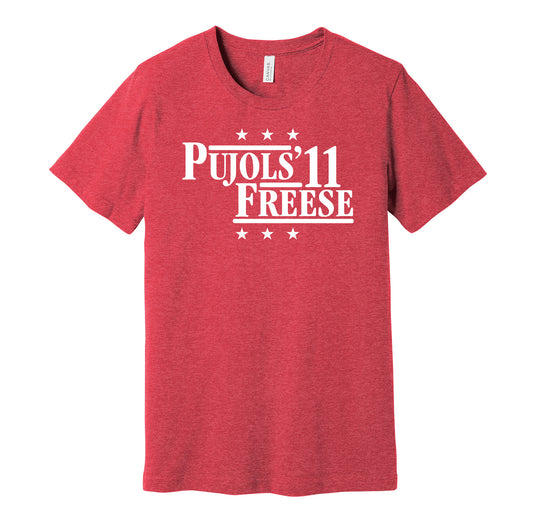 St. Louis Cardinals retro political campaign parody red t-shirt featuring Albert Pujols and David Freese '11, designed in a vintage election style by Hyper Than Hype Shirts.