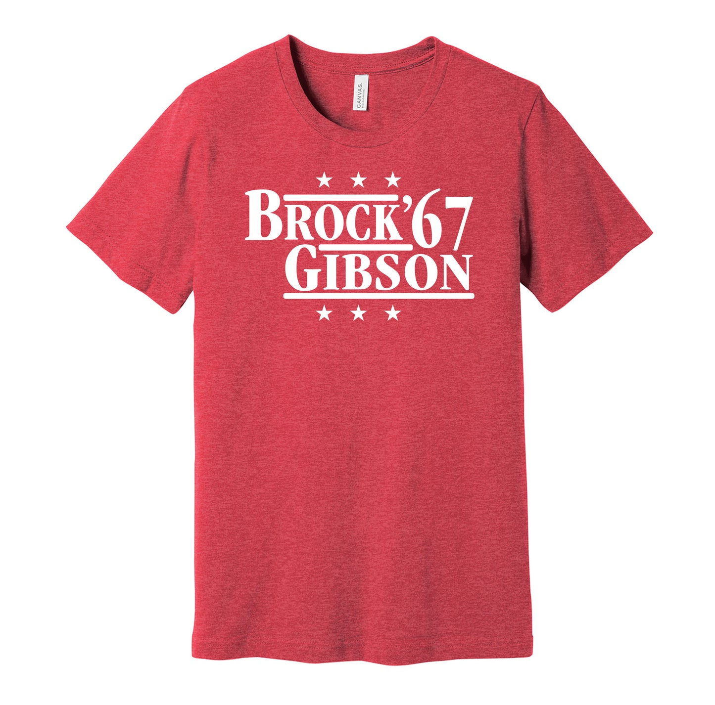 St. Louis Cardinals retro political campaign parody red t-shirt featuring Lou Brock and Bob Gibson '67, designed in a vintage election style by Hyper Than Hype Shirts.