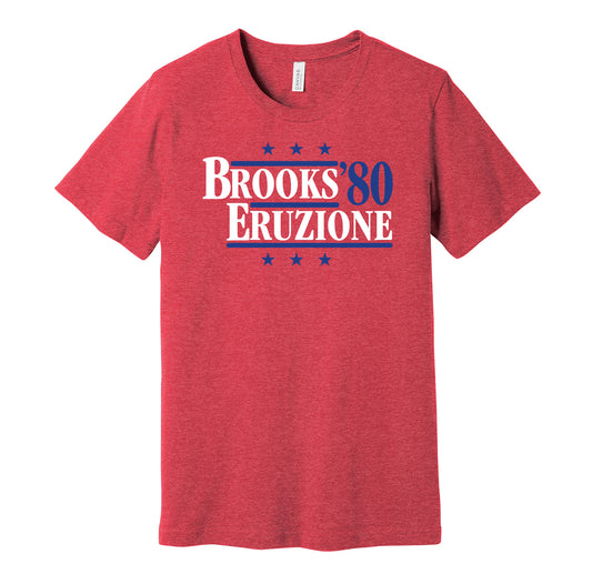Team USA retro political campaign parody red t-shirt featuring Herb Brooks and Mike Eruzione '80, designed in a vintage election style by Hyper Than Hype Shirts.