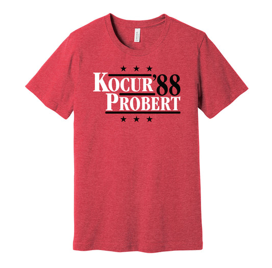 Detroit Red Wings retro political campaign parody red t-shirt featuring Joey Kocur and Bob Probert '88, designed in a vintage election style by Hyper Than Hype Shirts.
