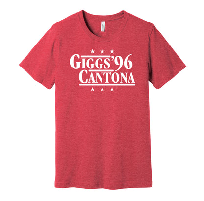 Manchester United retro political campaign parody red t-shirt featuring Ryan Giggs and Eric Cantona '96, designed in a vintage election style by Hyper Than Hype Shirts.