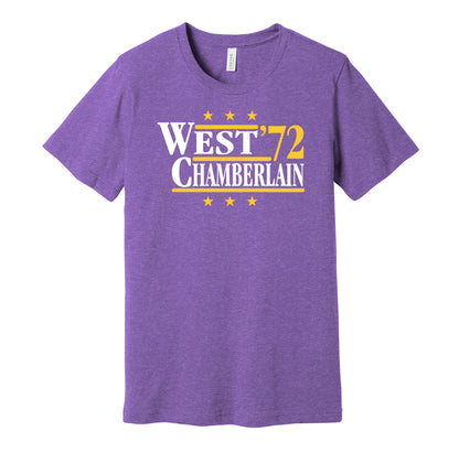 Los Angeles Lakers retro political campaign parody purple t-shirt featuring Jerry West and Wilt Chamberlain '72, designed in a vintage election style by Hyper Than Hype Shirts