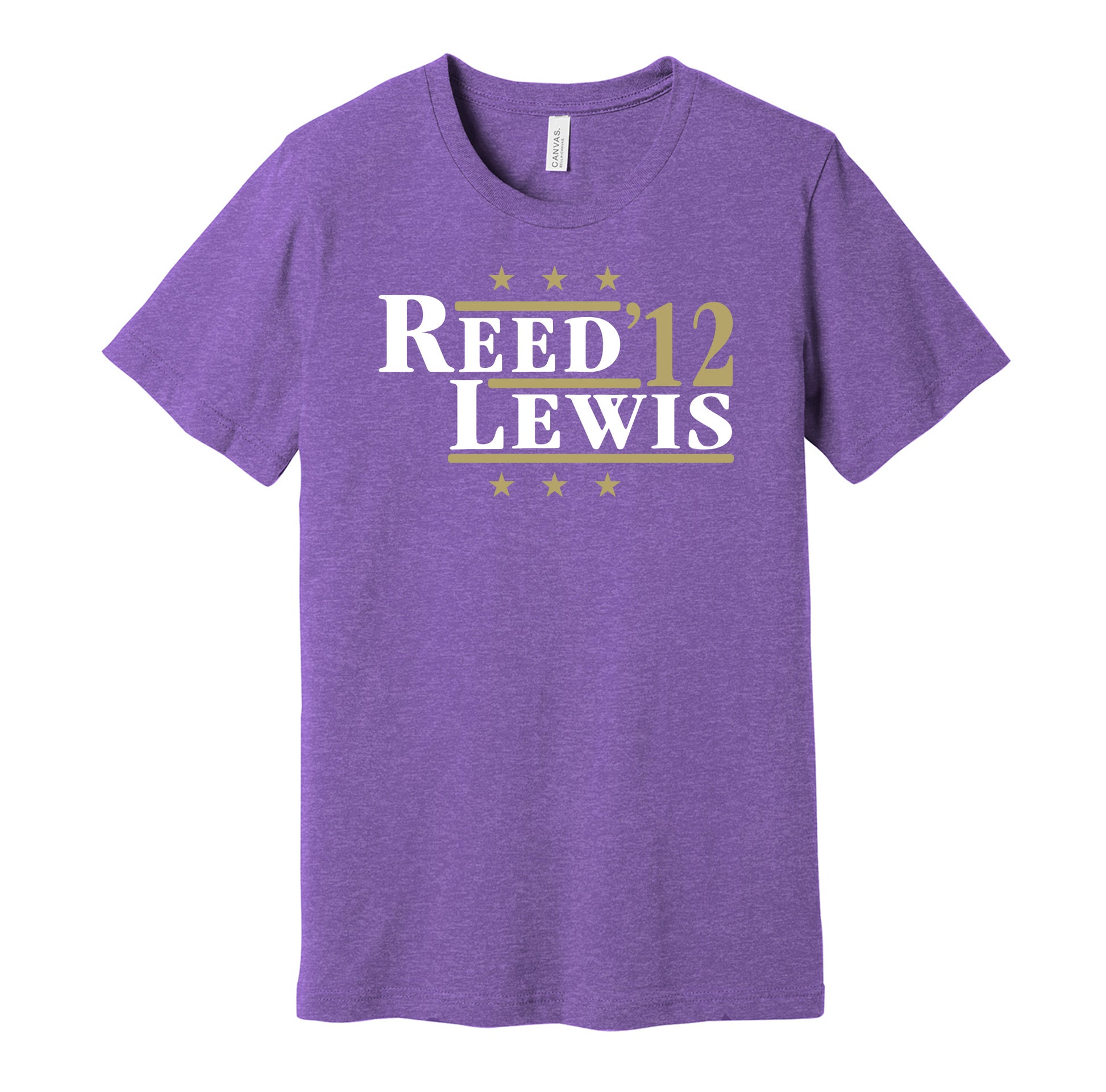 Baltimore Ravens retro political campaign parody purple t-shirt featuring Ed Reed and Ray Lewis '12, designed in a vintage election style by Hyper Than Hype Shirts.