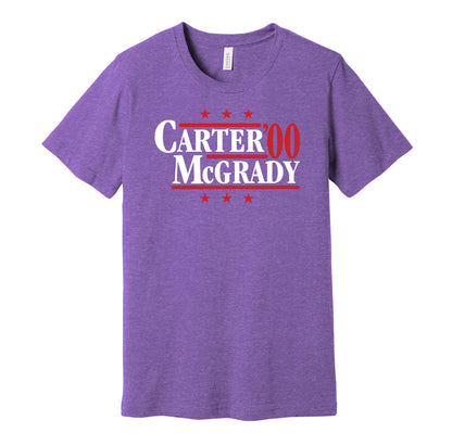 Toronto Raptors retro political campaign parody purple t-shirt featuring Vince Carter and Tracy McGrady '00, designed in a vintage election style by Hyper Than Hype Shirts.