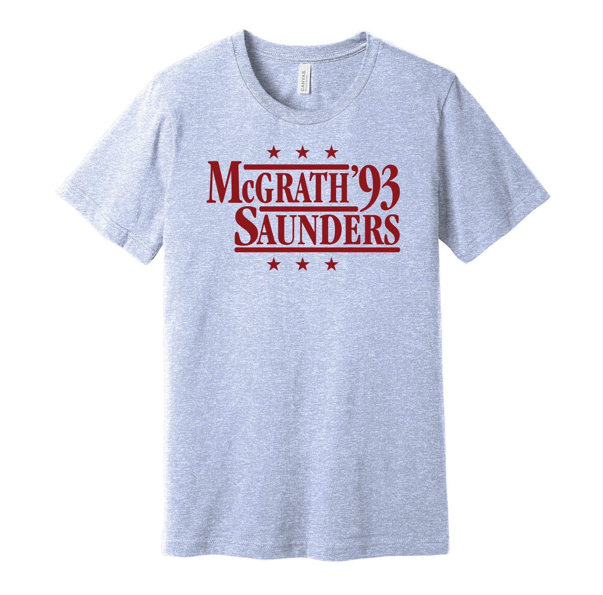 Aston Villa retro political campaign parody blue t-shirt featuring Paul McGrath and Dean Saunders '93, designed in a vintage election style by Hyper Than Hype Shirts.