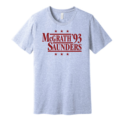 Aston Villa retro political campaign parody blue t-shirt featuring Paul McGrath and Dean Saunders '93, designed in a vintage election style by Hyper Than Hype Shirts.