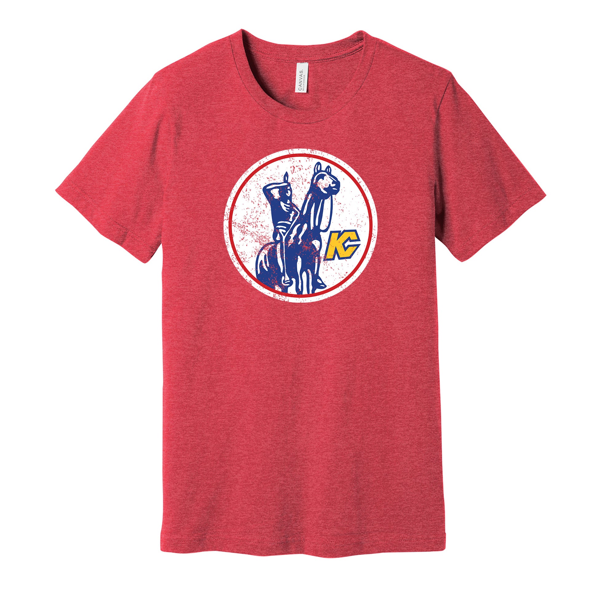 Kansas City Scouts vintage distressed logo red t-shirt featuring the classic 1970s NHL hockey team logo in a retro worn style by Hyper Than Hype Shirts.