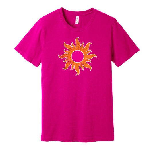 Southern California Sun vintage distressed logo pink t-shirt featuring the classic WFL football team logo in a retro worn style by Hyper Than Hype Shirts.