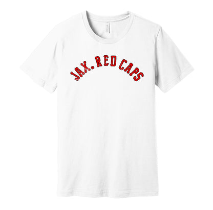 Jacksonville Red Caps vintage distressed logo white t-shirt featuring the classic Negro League baseball team logo in a retro worn style by Hyper Than Hype Shirts.