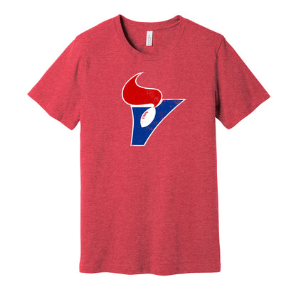 Birmingham Vulcans vintage distressed logo red t-shirt featuring the classic 1970s WFL football team logo in a retro worn style by Hyper Than Hype Shirts.