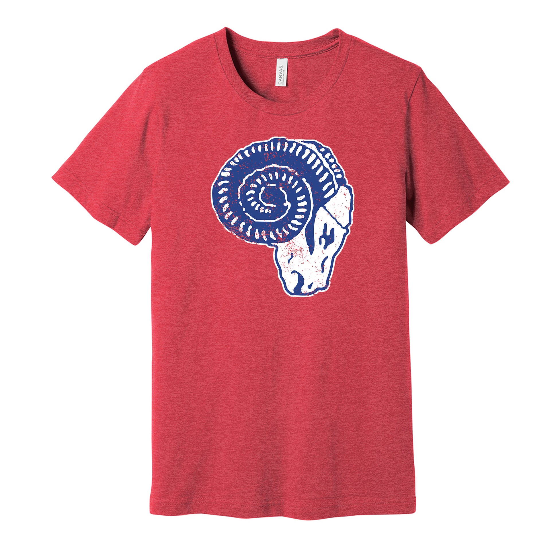 Cleveland Rams vintage distressed logo red t-shirt featuring the classic 1930s NFL football team logo in a retro worn style by Hyper Than Hype Shirts.