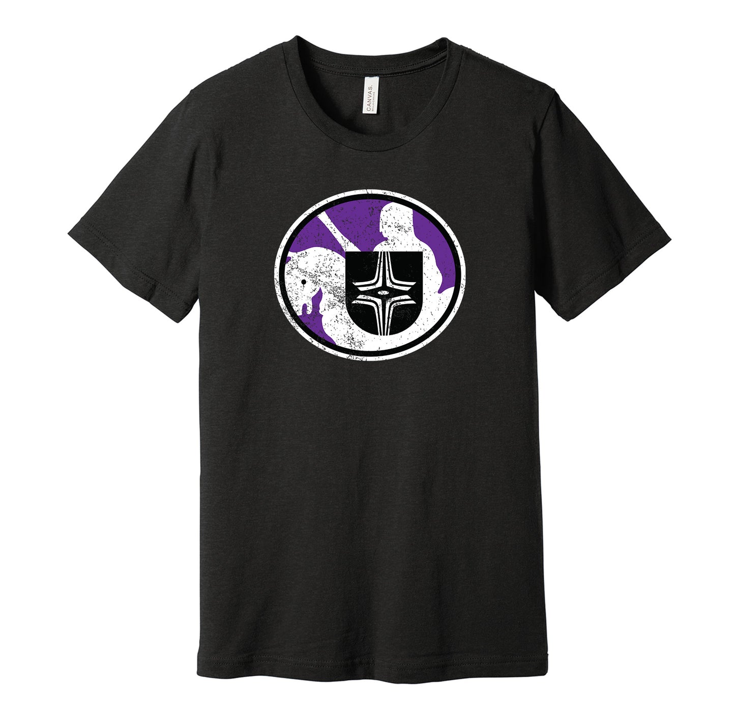 Cleveland Crusaders vintage distressed logo black t-shirt featuring the classic 1970s WHA hockey team logo in a retro worn style by Hyper Than Hype Shirts.