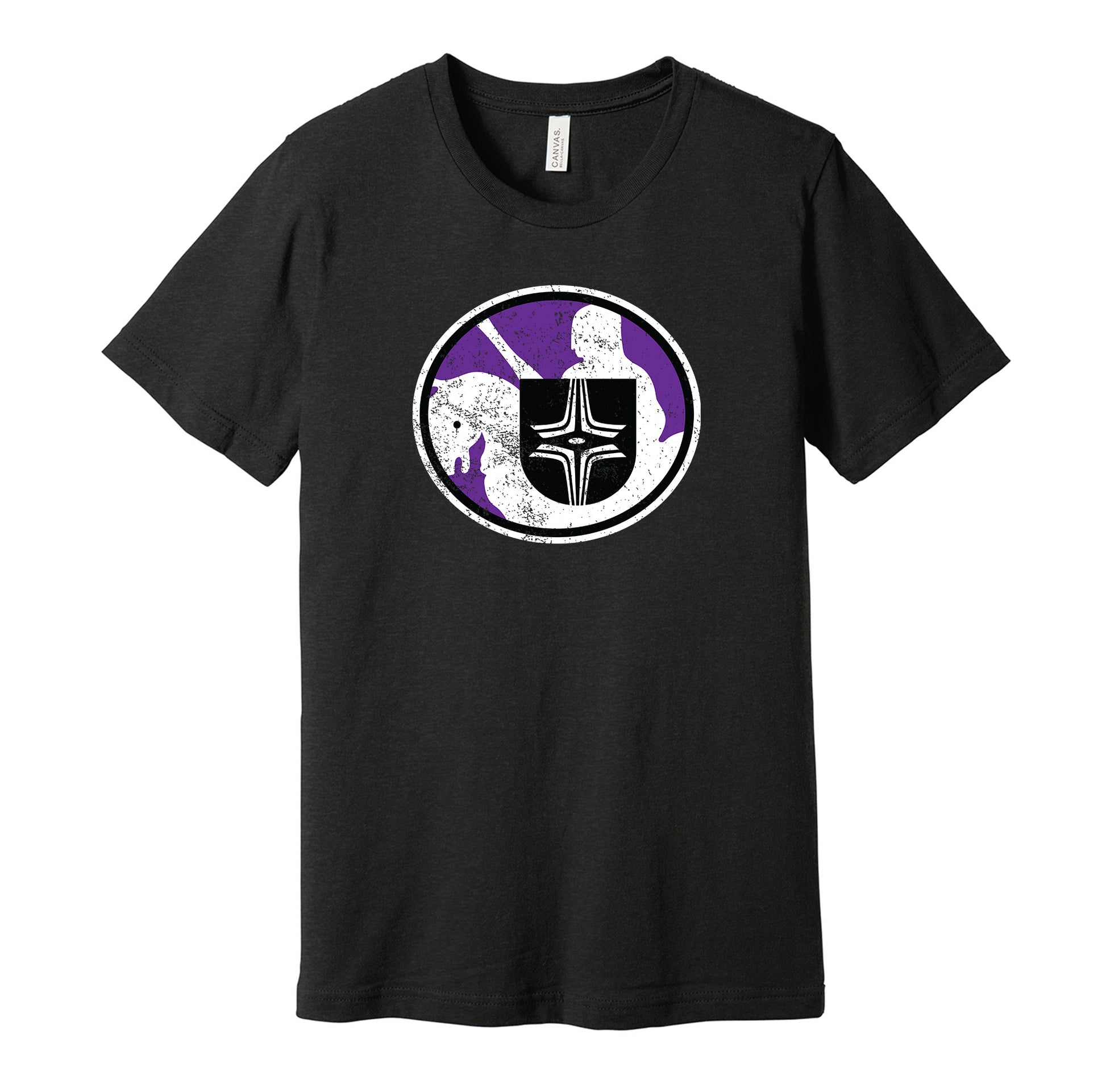 Cleveland Crusaders vintage distressed logo black t-shirt featuring the classic 1970s WHA hockey team logo in a retro worn style by Hyper Than Hype Shirts.