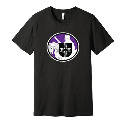 Cleveland Crusaders vintage distressed logo black t-shirt featuring the classic 1970s WHA hockey team logo in a retro worn style by Hyper Than Hype Shirts.