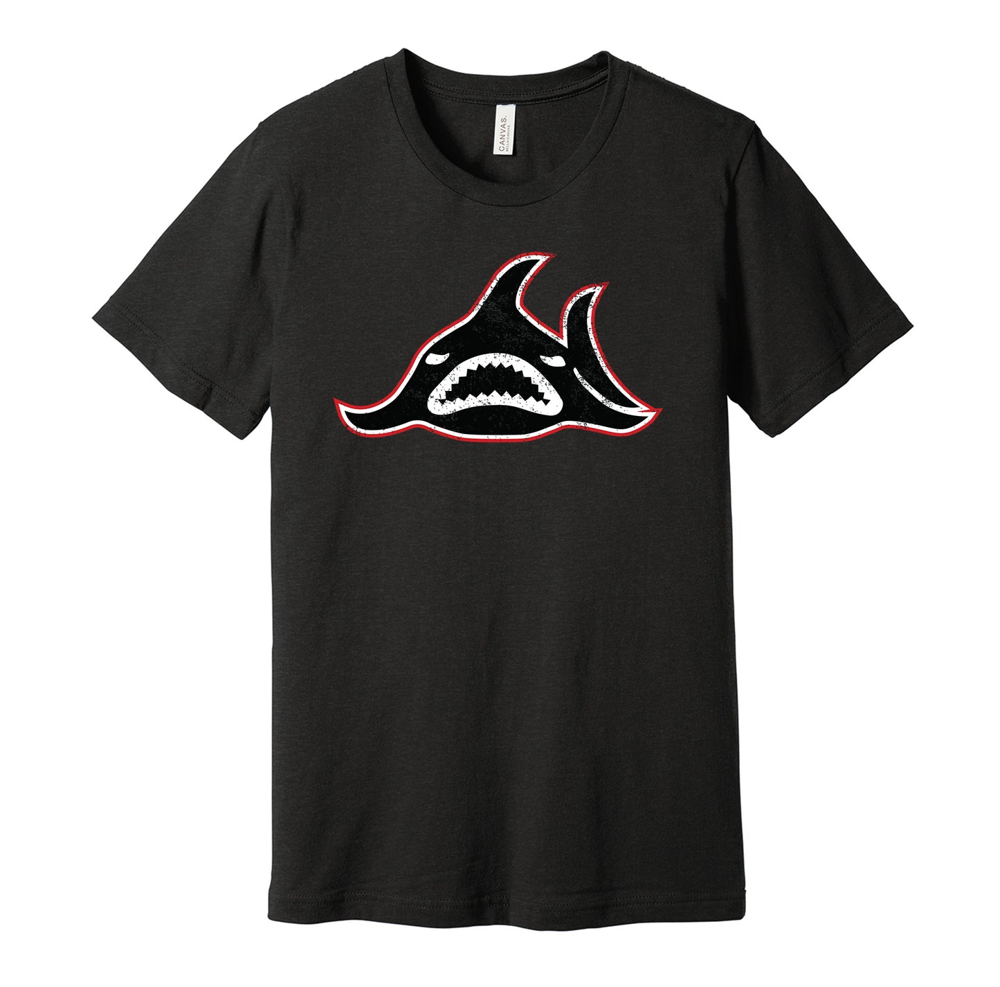 Los Angeles Sharks vintage distressed logo black t-shirt featuring the classic 1970s WHA hockey team logo in a retro worn style by Hyper Than Hype Shirts.