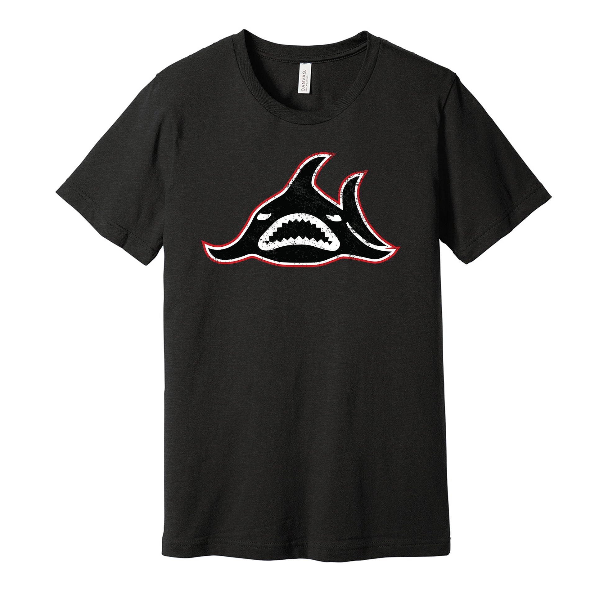 Los Angeles Sharks vintage distressed logo black t-shirt featuring the classic 1970s WHA hockey team logo in a retro worn style by Hyper Than Hype Shirts.