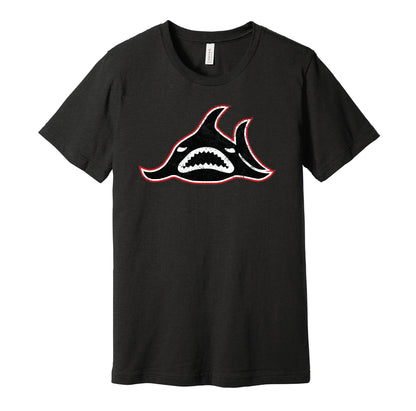 Los Angeles Sharks vintage distressed logo black t-shirt featuring the classic 1970s WHA hockey team logo in a retro worn style by Hyper Than Hype Shirts.