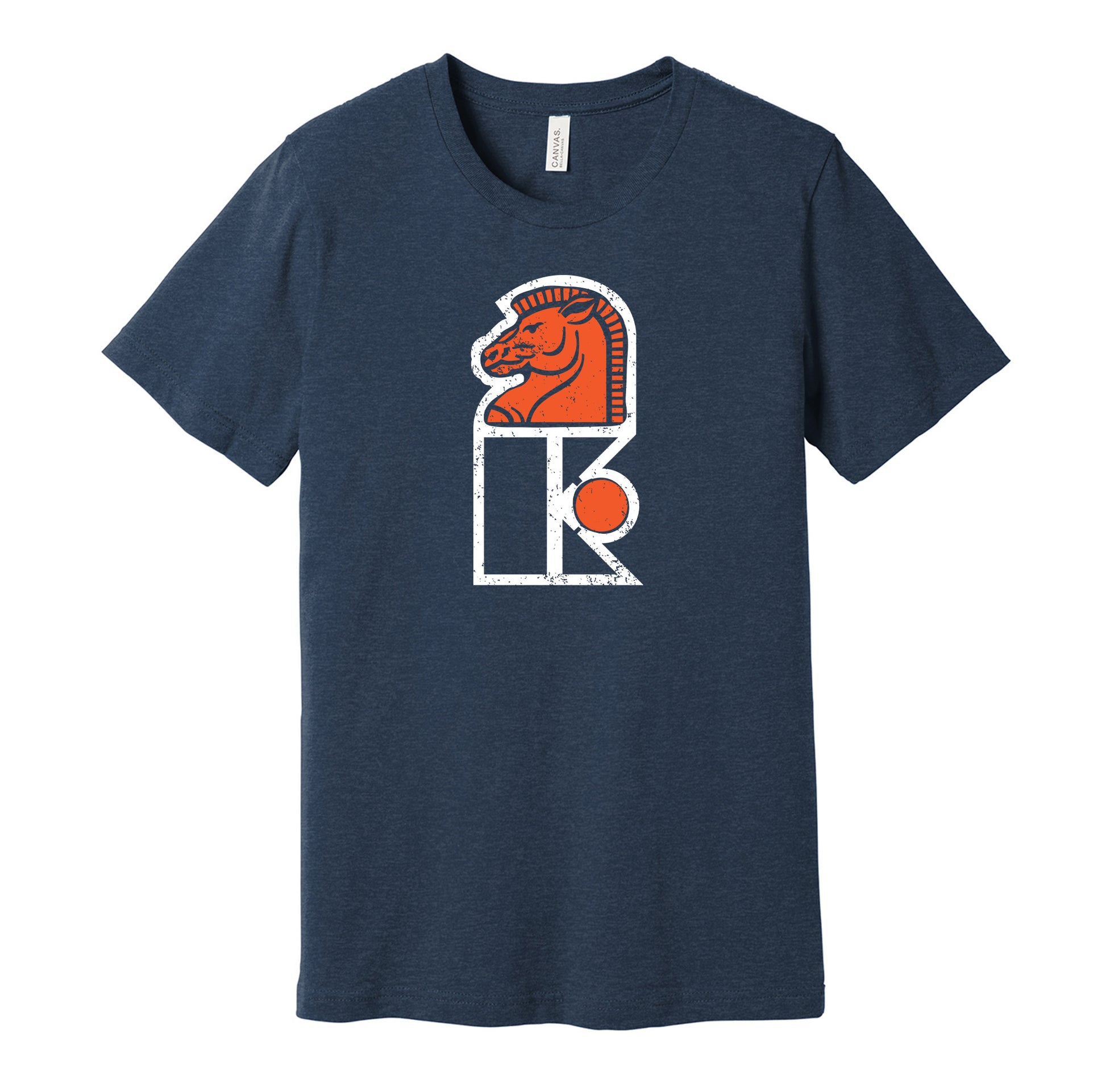New Jersey Knights vintage distressed logo blue t-shirt featuring the classic 1970s WHA hockey team logo in a retro worn style by Hyper Than Hype Shirts.