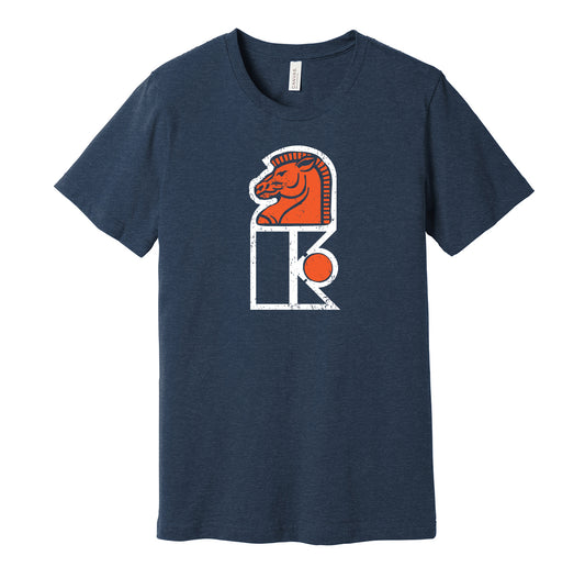 New Jersey Knights vintage distressed logo blue t-shirt featuring the classic 1970s WHA hockey team logo in a retro worn style by Hyper Than Hype Shirts.