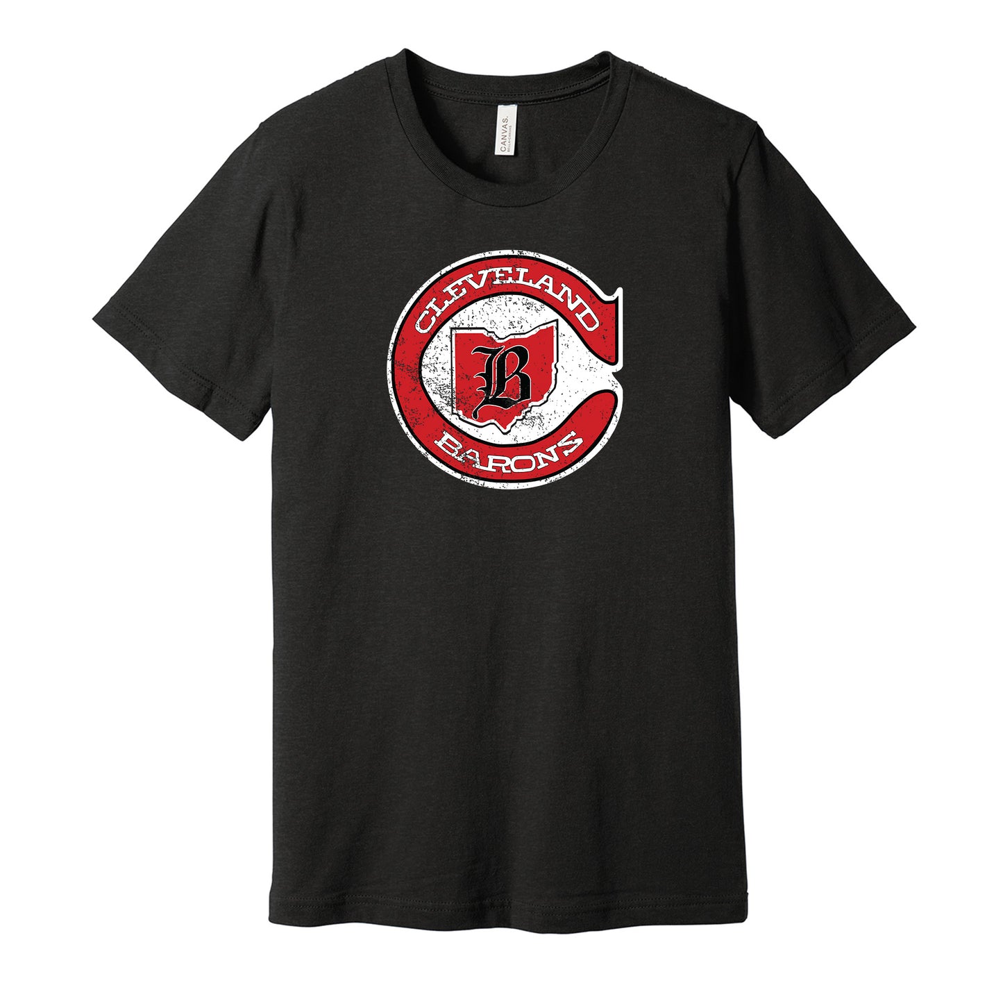 Cleveland Barons vintage distressed logo black t-shirt featuring the classic 1970s NHL hockey team logo in a retro worn style by Hyper Than Hype Shirts.