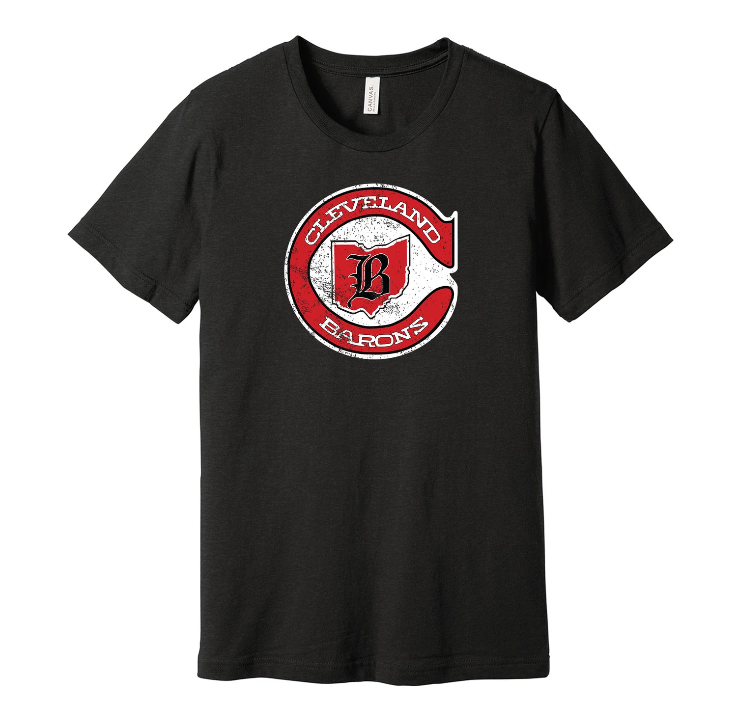 Cleveland Barons vintage distressed logo black t-shirt featuring the classic 1970s NHL hockey team logo in a retro worn style by Hyper Than Hype Shirts.