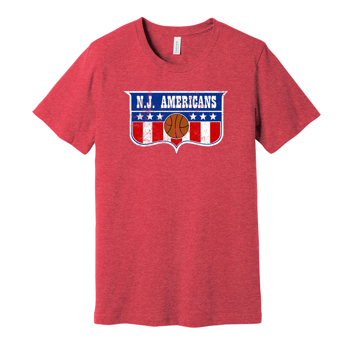 New Jersey Americans vintage distressed logo red t-shirt featuring the classic ABA basketball team logo in a retro worn style by Hyper Than Hype Shirts.