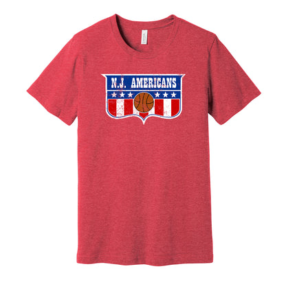 New Jersey Americans vintage distressed logo red t-shirt featuring the classic ABA basketball team logo in a retro worn style by Hyper Than Hype Shirts.