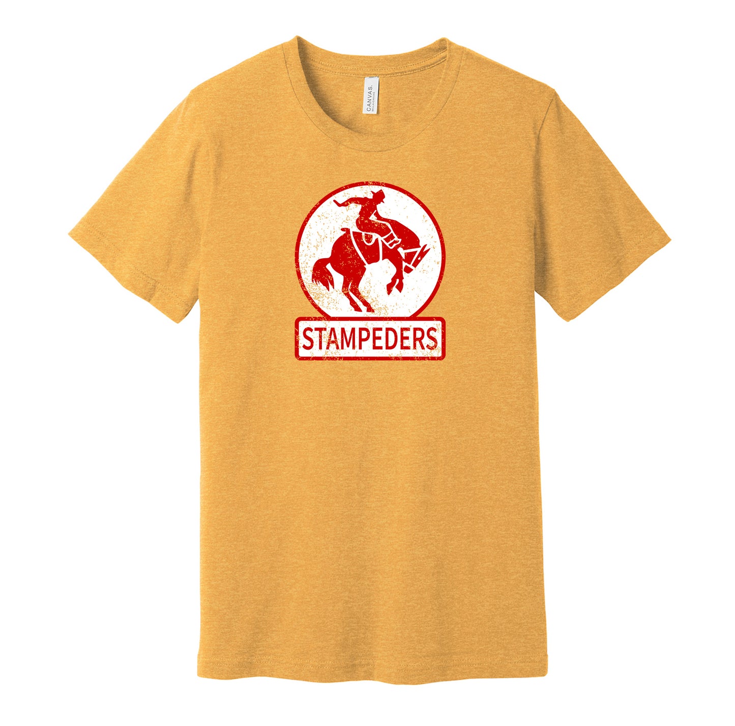 Calgary Stampeders vintage distressed logo gold t-shirt featuring the classic hockey team logo in a retro worn style by Hyper Than Hype Shirts.