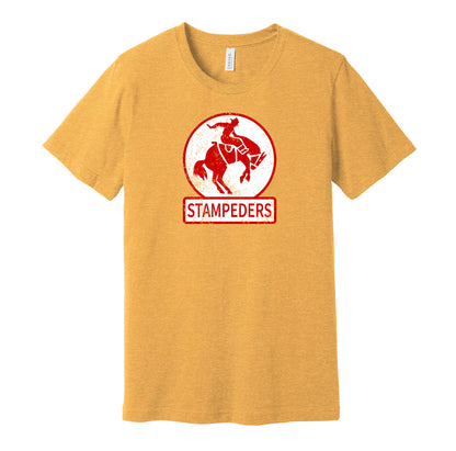 Calgary Stampeders vintage distressed logo gold t-shirt featuring the classic hockey team logo in a retro worn style by Hyper Than Hype Shirts.