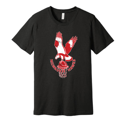 Milwaukee Hawks vintage distressed logo black t-shirt featuring the classic 1950s NBA basketball team logo in a retro worn style by Hyper Than Hype Shirts.