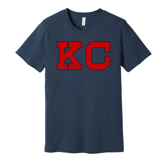 Kansas City Monarchs vintage distressed KC logo blue t-shirt featuring the classic Negro League baseball team logo in a retro worn style by Hyper Than Hype Shirts.