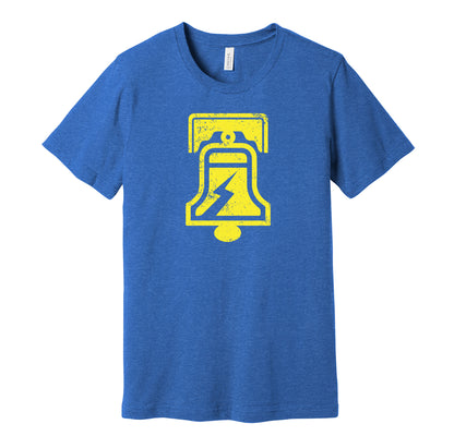 Philadelphia Bell vintage distressed logo blue t-shirt featuring the classic 1970s WFL football team logo in a retro worn style by Hyper Than Hype Shirts.