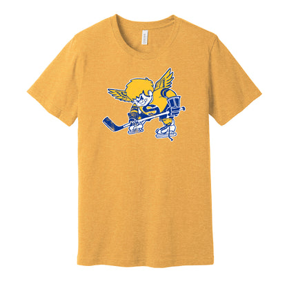 Minnesota Fighting Saints vintage distressed logo gold t-shirt featuring the classic 1970s WHA hockey team cartoon logo in a retro worn style by Hyper Than Hype Shirts.