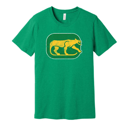 Chicago Cougars vintage distressed logo green t-shirt featuring the classic 1970s WHA hockey team logo in a retro worn style by Hyper Than Hype Shirts.